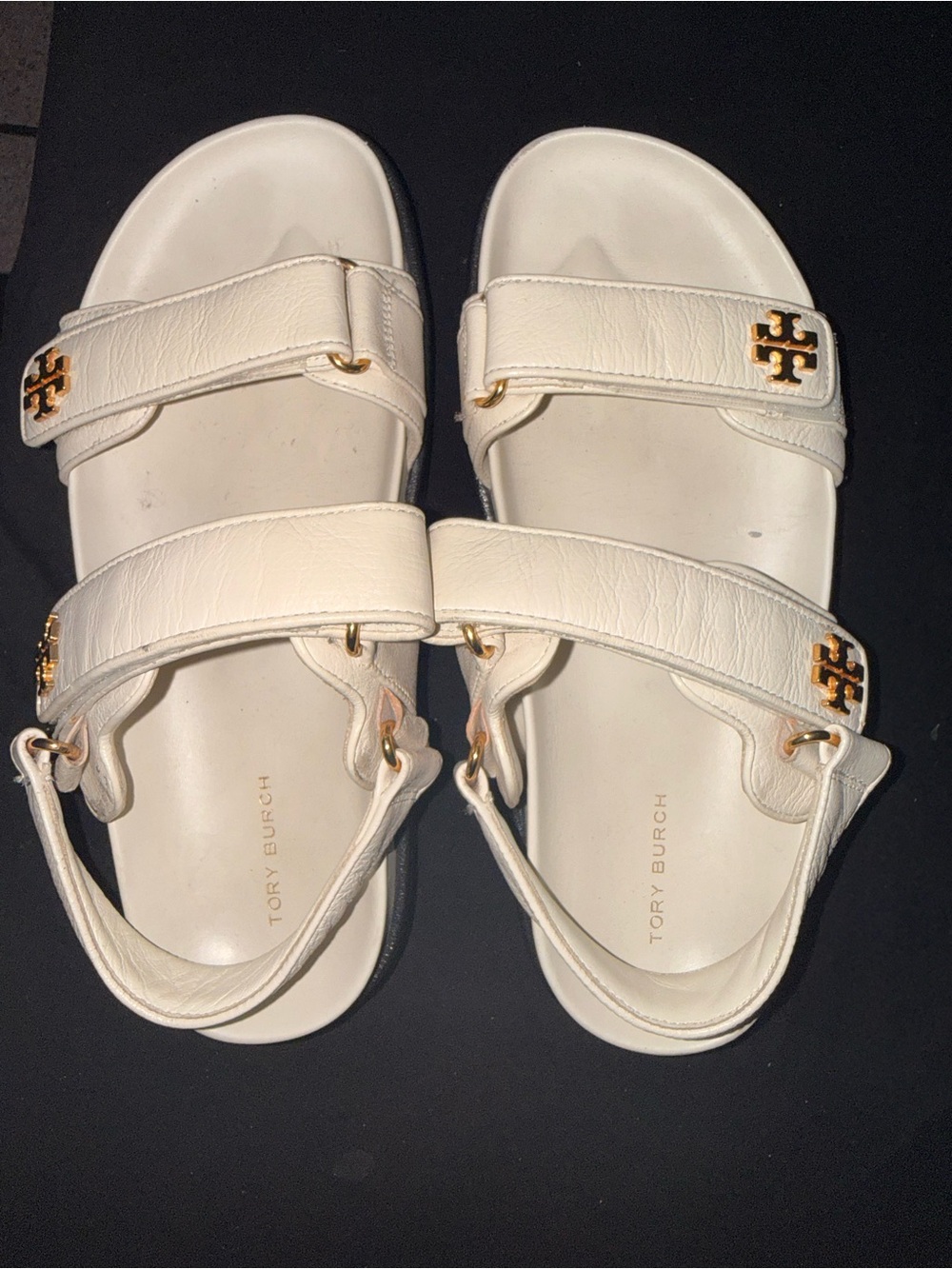 Tory Burch Cream Leather Double-Strap Sandals with Gold Logo